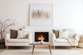 Two white sofas near fireplace against white wall with wooden cabinet and art poster. Scandinavian minimalist style interior