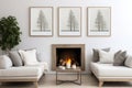 Two white sofas near fireplace against white wall with wooden cabinet and art poster. Scandinavian minimalist style interior