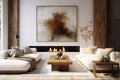 Two White Sofas Near Fireplace Against White Wall with Wooden Cabinet and Art Poster in a Modern Living Room. created with