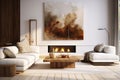 Two White Sofas Near Fireplace Against White Wall with Wooden Cabinet and Art Poster in a Modern Living Room. created with