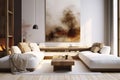 Two White Sofas Near Fireplace Against White Wall with Wooden Cabinet and Art Poster in a Modern Living Room. created