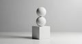 Two white spheres balanced on a white cube against a neutral gray background stability geometric Royalty Free Stock Photo