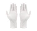 Two white surgical medical gloves isolated on white background with hands. Rubber glove manufacturing, human hand is wearing a lat Royalty Free Stock Photo