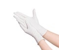 Two white surgical medical gloves isolated on white background with hands. Rubber glove manufacturing, human hand is wearing Royalty Free Stock Photo