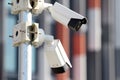 Two white surveillance security cctv cameras Royalty Free Stock Photo