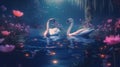 Two white swans couple swimming in lake, fantasy magical enchanted fairy tale landscape Royalty Free Stock Photo