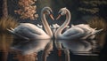 Two white swans couple swimming in lake, fantasy magical enchanted fairy tale landscape with elegant birds in love. Valentines Day Royalty Free Stock Photo