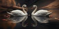 Two white swans couple swimming in lake, fantasy magical enchanted fairy tale landscape with elegant birds in love. Valentines Day Royalty Free Stock Photo