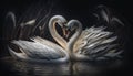 Two white swans couple swimming in lake, fantasy magical enchanted fairy tale landscape with elegant birds in love. Valentines Day Royalty Free Stock Photo