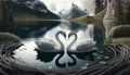 Two white swans couple swimming in lake, fantasy magical enchanted fairy tale landscape with elegant birds in love. Valentines Day Royalty Free Stock Photo