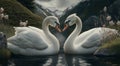 Two white swans couple swimming in lake, fantasy magical enchanted fairy tale landscape with elegant birds in love. Valentines Day Royalty Free Stock Photo