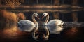 Two white swans couple swimming in lake, fantasy magical enchanted fairy tale landscape with elegant birds in love. Valentines Day Royalty Free Stock Photo