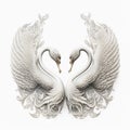 two white swans are facing each other with their necks crossed and their necks touching together, with intricately carved white Royalty Free Stock Photo