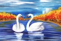 Two white swans in the middle of a blue lake surrounded by autumn scenery. Hand painted on a paper illustration Royalty Free Stock Photo