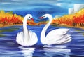 Two white swans in the middle of a blue lake surrounded by autumn scenery. Hand painted on a paper illustration Royalty Free Stock Photo