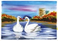 Two white swans in the middle of a blue lake surrounded by autumn scenery. Hand painted on a paper illustration