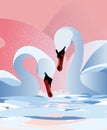 Two white swans with splashes of water on the lake, pink background, vector drawing Royalty Free Stock Photo