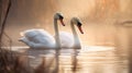 Two white swans swimming on a lake at sunrise in winter. Generative AI Royalty Free Stock Photo