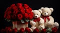 Two white teddy bears and a large bouquet of red roses.