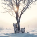 Two white tigers sitting under a frozen tree in the snow at sunrise, winter wildlife wallpaper, generative ai