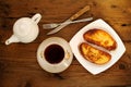 Two white toasts on white plate with cup of black tea Royalty Free Stock Photo