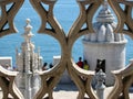 View of two white towers on the sea in style Portugense manuelino to Lisbon in Portugal.