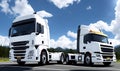 A two white trucks is on the road. Clean and empty space in the side view. Beautiful summer landscape as background, blue Royalty Free Stock Photo