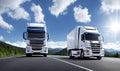A two white trucks is on the road. Clean and empty space in the side view. Beautiful summer landscape as background, blue Royalty Free Stock Photo