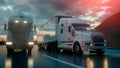 Two white trucks on the road, highway. Transports, logistics concept. 3d rendering Royalty Free Stock Photo