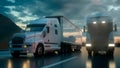 Two white trucks on the road, highway. Transports, logistics concept. 3d rendering