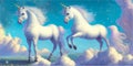 Two white unicorns drawing.Pony,Pegasus horse with horn flaying in the heaven sky with fluffy clouds Royalty Free Stock Photo