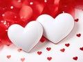 Two white valentines hearts surrounded by small red hearts on a red background