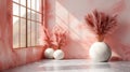 Two White Vases With Pink Flowers on Marble Floor