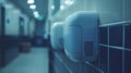 Two white wall mounted hand dryers in a bathroom, AI