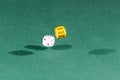 Two white and yellow dices falling on a green table Royalty Free Stock Photo