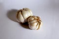 Two whole bulb of white garlic as vegetable, closed cloves, peeled skin, white isolated background shadow top front view