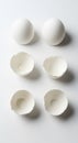 Two whole eggs and six empty eggshell halves arranged on a white surface. The eggs are intact on Royalty Free Stock Photo