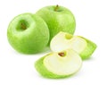Two whole Granny Smith apples and two wedges isolated on white Royalty Free Stock Photo
