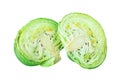 Two green leafy cabbage halves on white background isolated close up, cutted pieces of ripe white cabbage head Royalty Free Stock Photo