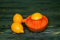 Two whole lemons and a cut piece of lemon in a juicer, shot on a rough wooden background Royalty Free Stock Photo