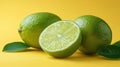 Two whole limes and one lime half with leaves on yellow background Royalty Free Stock Photo