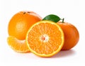 Two Oranges One Half Slice and One Segment with Green Leaf on White Background fruit citrus Royalty Free Stock Photo