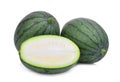 Two whole young green small watermelon with half isolated