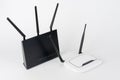 Two Wi-Fi  routers, wireless devices with two  and three antennas Royalty Free Stock Photo