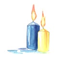 Two wide burning candles with long bright lights on wicks. Yellow and blue interior candle. Remembrance symbol. Hand painted water