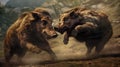 two wild boars fighting in dirt Royalty Free Stock Photo