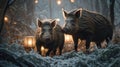 Wild Boars in Winter Forest: A Magical Encounter at Night with lantern light Royalty Free Stock Photo