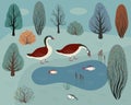 Two wild geese on a forest lake. Autumn forest and lake with fish.