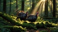 Two Majestic Wild Turkeys Standing in a Sun-Drenched Forest Glade in Early Morning Royalty Free Stock Photo
