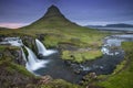 Two wild waterfall and mountaine in Iceland in twilight time